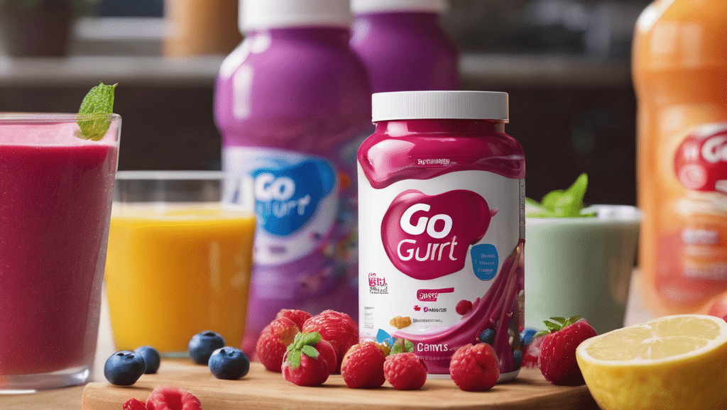 "A vibrant image of Go-Gurt packaging, prominently displaying a probiotic label with Lactobacillus bulgaricus and Streptococcus thermophilus strains. The convenient, on-the-go yogurt-based snack is captured in a visually appealing composition, emphasizing its role in promoting gut health and overall well-being."